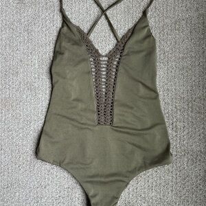 Olive Green One-Piece Swimsuit with Crochet Detail